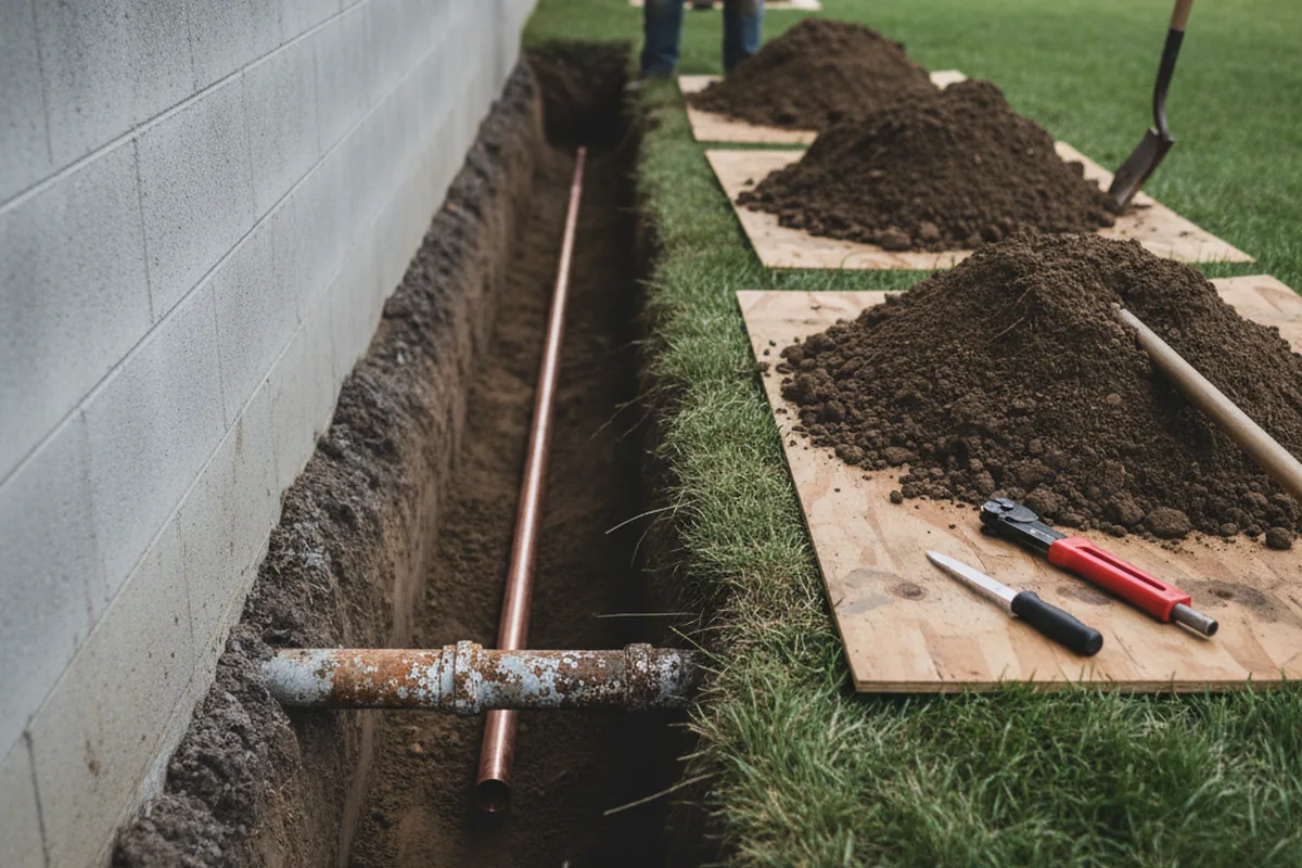 Excavated water line trench during Sewer Line Repair in New Fairfield